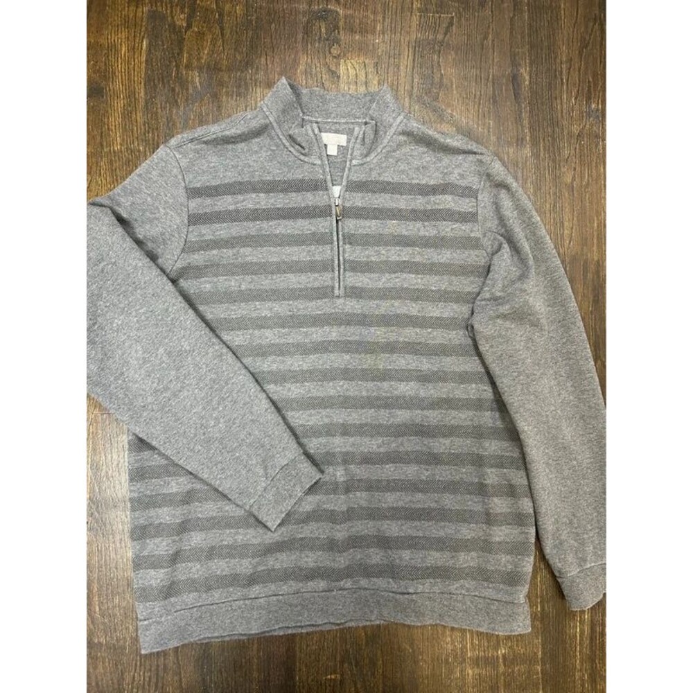 Ashworth Men's Gray Cotton Blend Knit Striped 1/4 Zip Mock Neck Sweater L